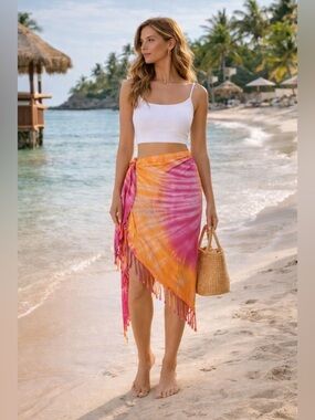 Just Bee Queen Tie Dye Wrap Skirt Sz S Fringe Boho Beach Resort